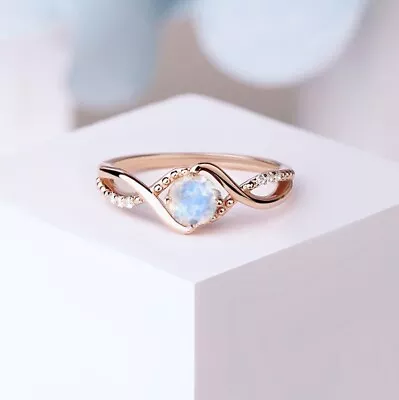 Round Cut Fire Moonstone 14K Rose Gold Plated Silver Art Deco Engagement Ring • $98.95