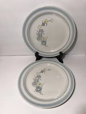 Vintage Stoneware Dinner Dishes Plates BLUE Yellow Florals 10 5/8” Set Of 2 • $12