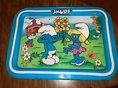 Vintage Smurf Folding Metal TV Tray 1980s Lap Tray 12.5 X 17 PEYO Used Some Rust • $15