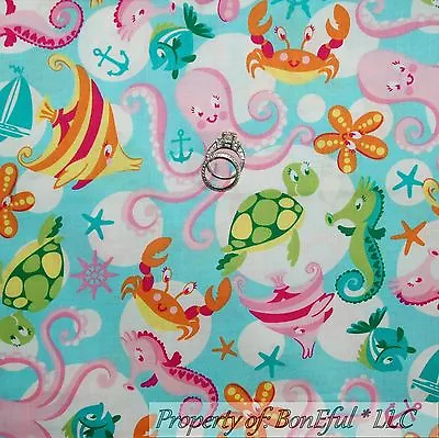BonEful Fabric FQ Cotton Quilt Aqua Pink Octopus Sea Horse Crab Star Fish Turtle • $4.90