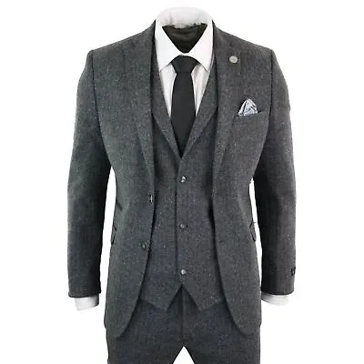 Mens Grey Black 3 Piece Tweed Suit Herringbone Wool Vintage Retro • $198.89