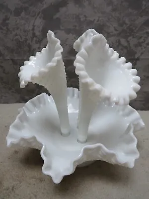 Vintage Hobnail Fenton Milk Glass 3 Horn Epergne Centerpiece Bud Vase • $47.50