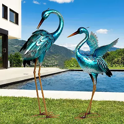 Outdoor Blue Heron Metal Birds: Garden Crane Statues - Yard Art Ornaments For Ba • £101.81