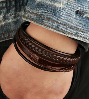 Leather Braided Multi-Layer Bracelet With Magnetic Clasp Boho Xmas Gift UK. • £3.99