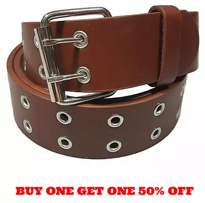 Men's Women's Genuine Leather Two Rows Silver Grommet Double Holes Brown Belt • $7.95