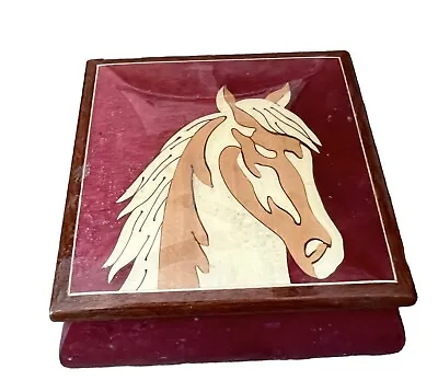 Vintage Inlay Horse Head Stallion Wood Jewelry Trinket Box Hinged Lid • $15