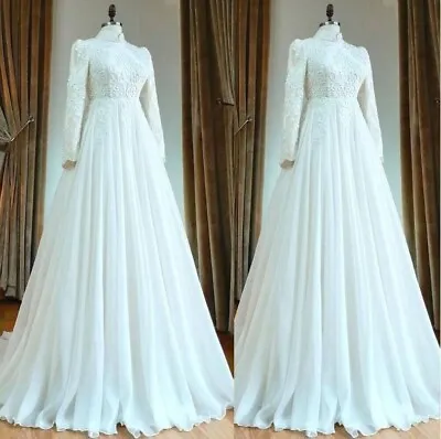 Muslim Chiffon Wedding Dresses Ivory Hign Neck Long Sleeves White Bridal Gowns • $43.99