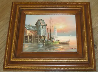 Max Savy (1918-2010) Oil Painting (8x10 ) Harbor View Fishing Village Lighthouse • $100