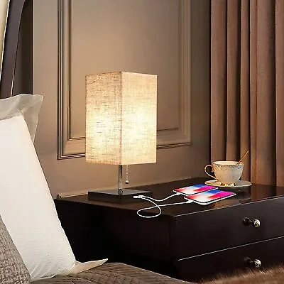 $19.99 • Buy Bedside Table Lamp Fabric Nightstand Desk Lamp Light Fixture 2 USB Charging Port