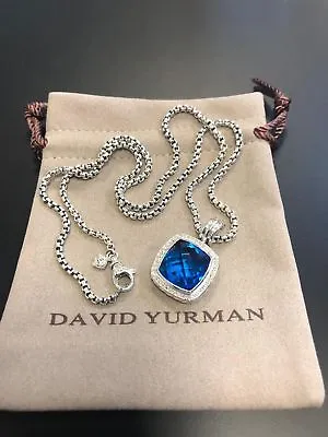 David Yurman Sterling Silver 14mm Blue Topaz Diamond Albion Pendant Necklace • $799