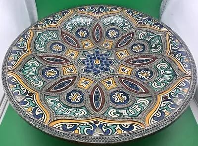 Morocco Fes Hand Painted Pottery Silver Nickel Overlay Ceramic Decorative Plate • $195