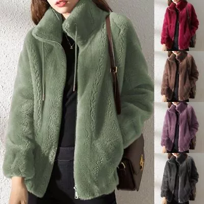 Ladies Plain Zip Up Pocket Jacket Tops Womens Fleece Fluffy Stand-up Collar Coat • £12.55