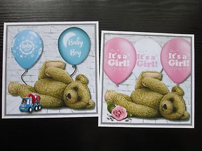 2 X 6X6 BABY BOY & BABY GIRL TEDDY & BALLOONS  -- Large Card Toppers • £1.50