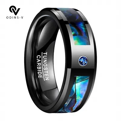 Black Tungsten Carbide Ring For Men Natural Abalone Shell Inlay And Blue CZ NEW  • £12