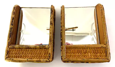 VTG Pair Of Bamboo Wicker Rattan Hanging Mirror Shelf Boho Made In Hong Kong • $30