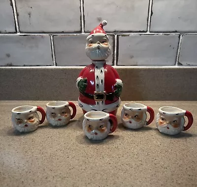 Vintage LEFTON Ceramic Christmas Santa Claus Decanter Bottle & 5 Mini Mugs RARE • $275