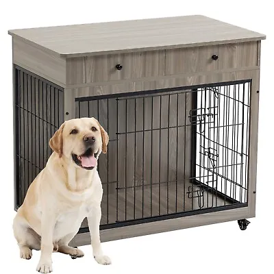 38.4 Wooden Dog Crate Furniture Kennel Metal Heavy Duty Pet Cage Double Doors • $129.99