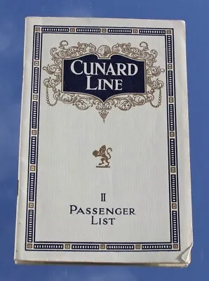 £30 • Buy Cunard Line Rms Aquitania Deluxe List Of Passengers 29th Aug 1925 S'ton To Nyc