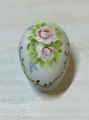 Vintage Hand Painted Pink & Purple Flowers Bisque Ceramic Egg Trinket Box • $4.99