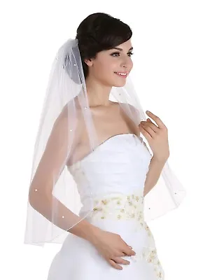 1T 1 Tier Hemmed Pencil Edge Rhinestone Crystal Bridal Wedding Veil • $15.99