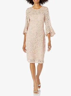Marina Sequin Cocktail Dress Embroidered Lace Bell Sleeves Peach (Pink) Size 6 • $55