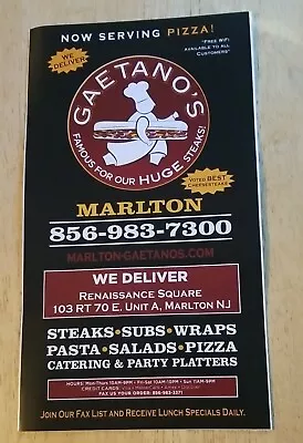 Gaetano's Renaissance Square Marlton New Jersey Menu Cheesteaks Pizza Subs Wrap • $19.99