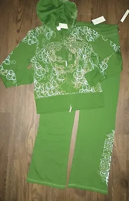 VERTIGO PARIS Applique Logo Floral Scribble Print Hoodie & Pant Set L Green NWT • $39.99