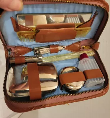 Mens Vanity Travel Grooming Set Kit Cowhide Tan Leather Case Vintage Never Used  • $16.95