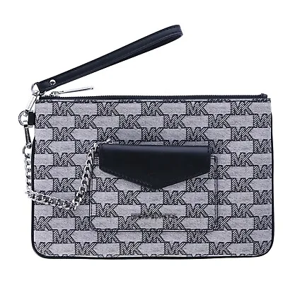 Michael Kors Jet Set Large 2 In 1 Card Case Wristlet Clutch Black Jacquard MK • $79