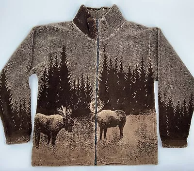 Vtg MOOSE FLEECE All Over Print Full Zip JACKET Deep Pile Sweater Nature MEDIUM • $49.99