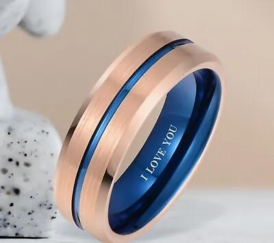 Mens Rose Gold /Blue Interior Tungsten Wedding Ring -Engrave With ' I Love You ' • £44.99