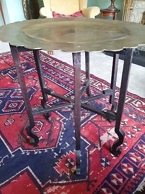 Antique Benares Unusual Table Folding Legs Brass Tray  Pie Crust Edge • $157.87