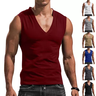 Mens V Neck Vest Sleeveless T Shirt Gym Muscle Training Sports Tank Top Solid UK • £10.55