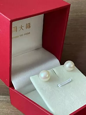 10k Gold Chow Tai Fook Mikimoto Akoya Pearl Earrings - 9mm Rose Overtone • $899