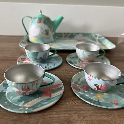 Tin Tea Cups Plates Tray Metal Childs Set Magical Z8 • $35.50