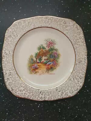 Vintage H & K Tunstall England HOMESTEAD Cottage Cake Plate Gold Chintz 22cm • $22.50