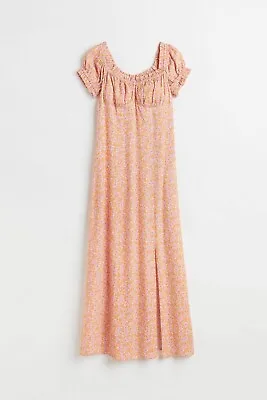 Size Small H&m Orange Pink Retro Flower Cotton Puff Sleeve Dress • £13
