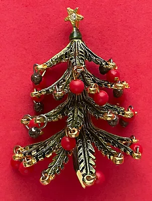 Vintage Hattie Carnegie Christmas Tree Pin Brooch Book Piece Red Dangles Mcm #1 • $215