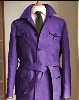 Vintage Linen Men's Suits Safari Jackets With Belt Multi Pockets Hunting Coats • $59.62