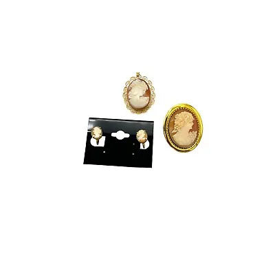 SHELL CAMEO Vintage Gold Filled Brooch Pendant Locket Earrings 3 Pc Lot • $49.99