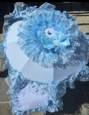 Very Frilly Blue Pesci Baby Parasol  Pram Pushchair Universal Sunshade - Romany • £35