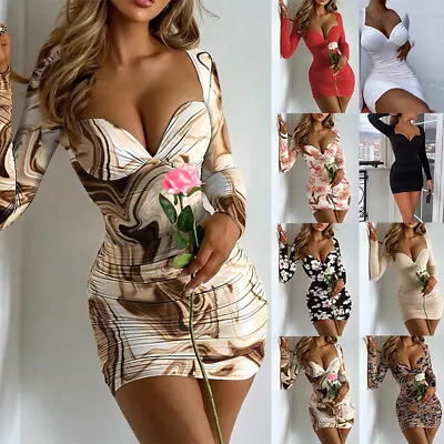 $6.23 • Buy Womens Evening Party Sexy Dress Bodycon Slim V-neck Dresses Long Sleeve Sundress