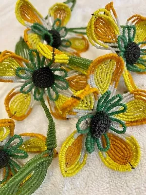 Vintage Beaded French Flowers Yellow Sunflowers 5 Stems Unique Beautiful • $57.50