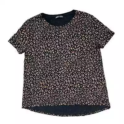 Zara Leopard Cheetah Print Black Base Crewneck T Shirt High Low Medium Tunic • $17.05