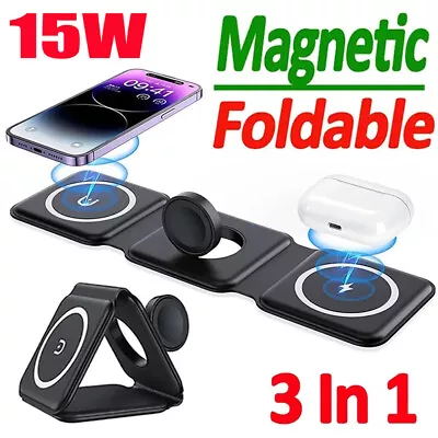 3 In 1 Foldable 15W Magnetic Wireless Charger Mat Pad For IPhone Apple Watch UK • £12.98