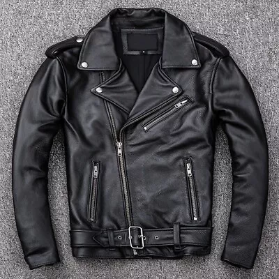 2024 New Motorcycle Jacket Cowhide Soft Leather Jacket Men's Lapel Hot • $124