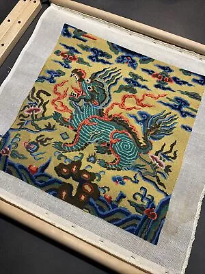 VINTAGE CHINESE DRAGON NEEDLEPOINT EMBROIDERED 13x14 Picture To Finish Frame • $38