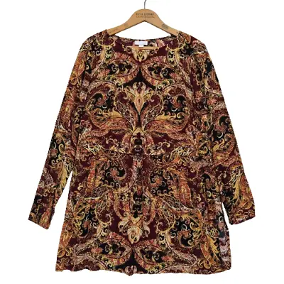 J Jill Boho Floral Print Tunic Top Size S Gold Long Sleeve Rayon Women's Blouse • $21.99