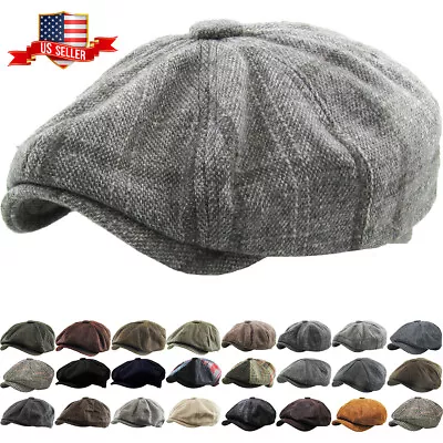 Men's Newsboy Button Top Ascot Ivy Cabbie Hat Gatsby Cap Plaid PU Leather • $27.99