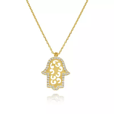 10K Yellow Gold Hand Of God Pendant Necklace With CZ • £251.73